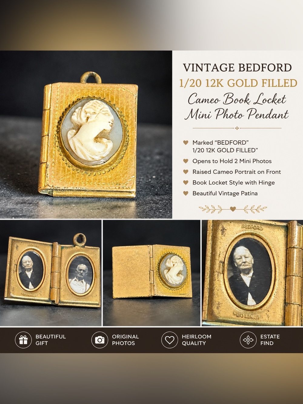Vintage Bedford 1/20 12k Gold Filled Cameo Book Locket Mini Pendant Estate